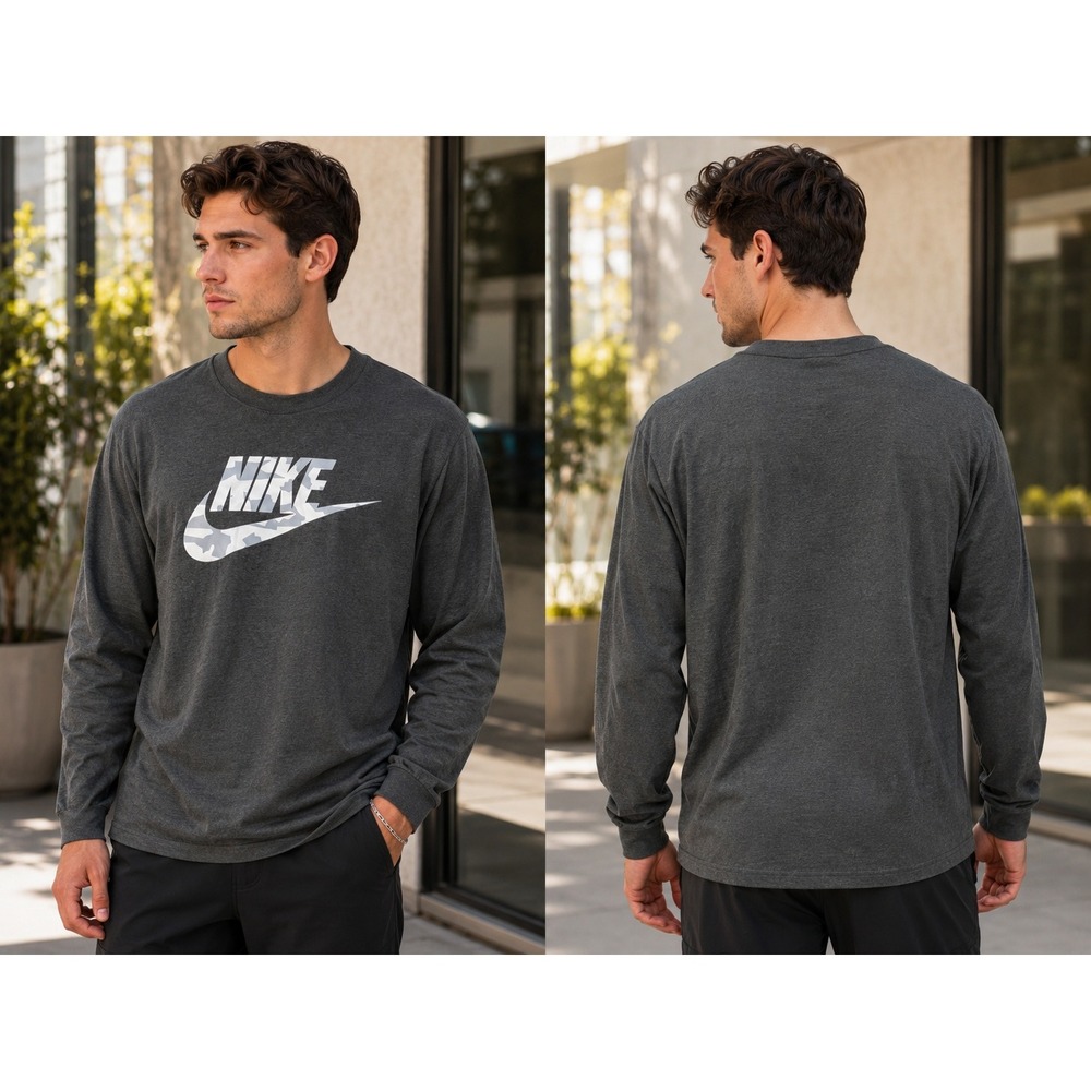 Nike THE NIKE TEE Mens Athletic Sz L Gray Long Sleeve logo Camo Camouflage Shirt